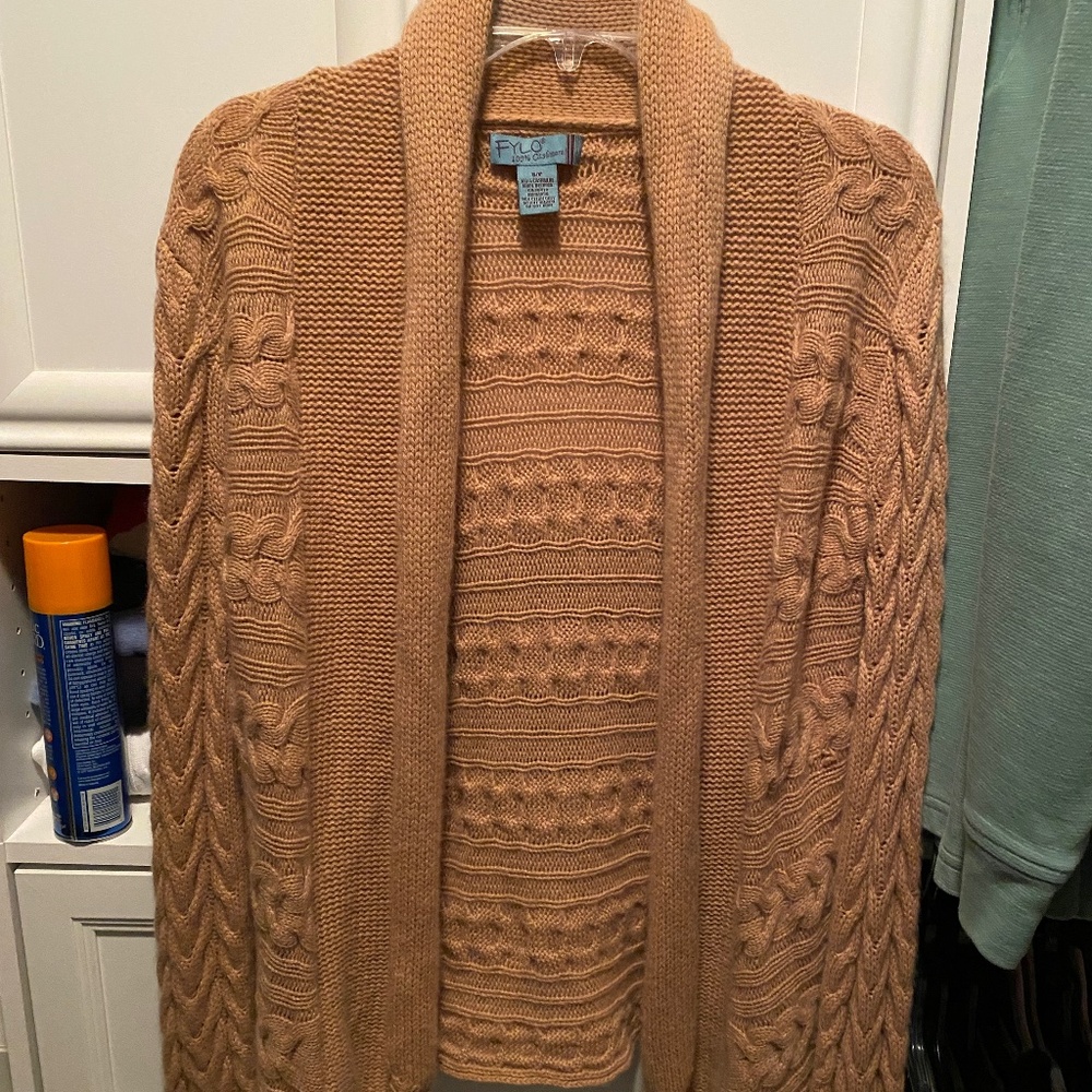 Fylo 100% Cashmere Cardigan Sweater Women Small Beige Cable Knit Boho Open